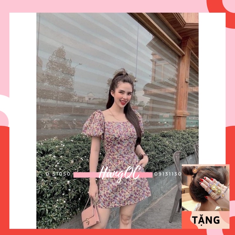 Đầm Hoa Nhí Tay Bồng 2 Lớp Hàng Quảng Châu Cực Đẹp