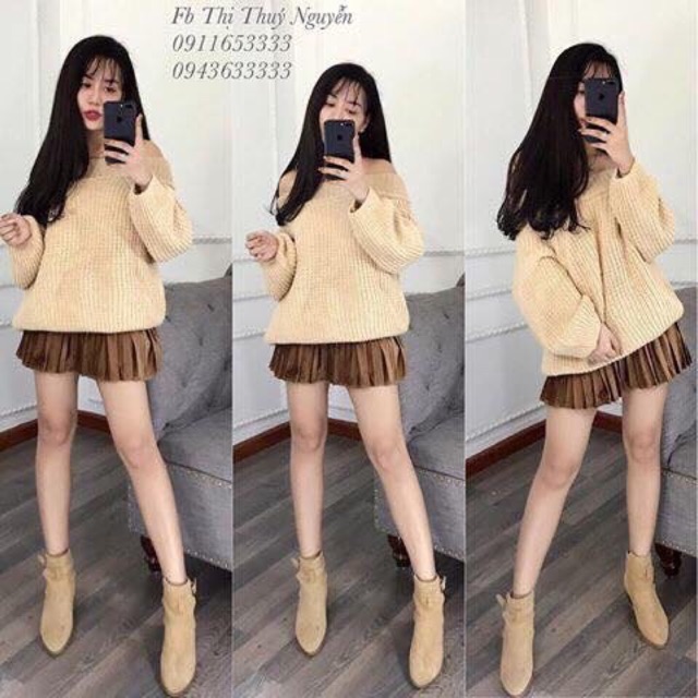 Set áo len dày + váy nhung xếp li