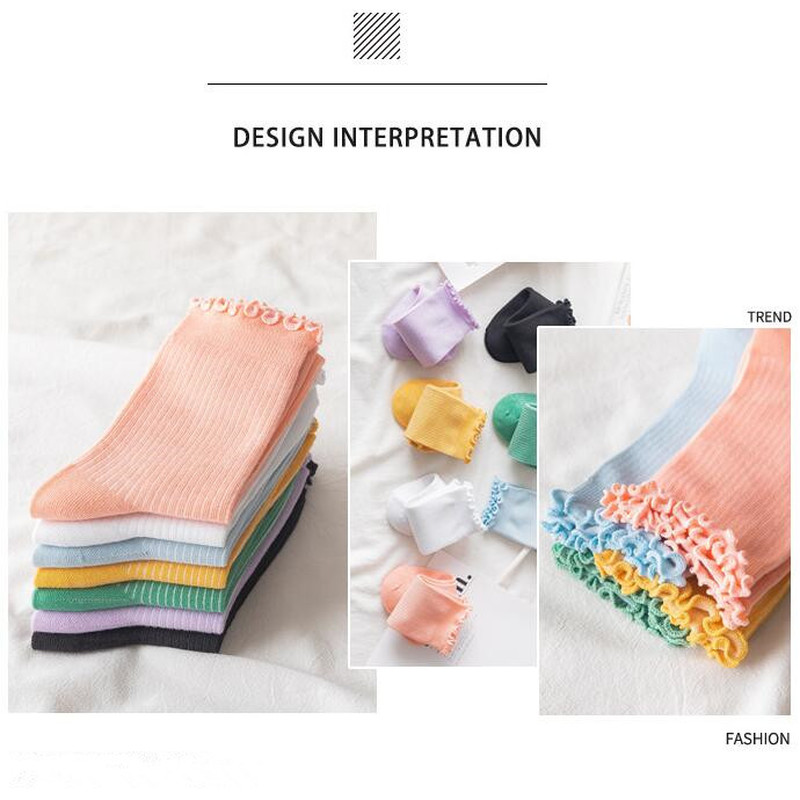 We Flower Tất Bắp Chân Cổ Cao Viền Xoăn Màu Trắng Ngọt Ngào Phong Cách JK Hàn Quốc Cho Nữ