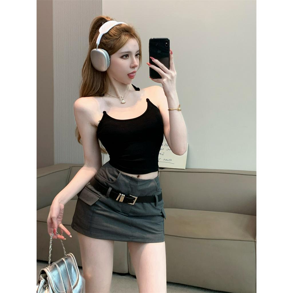 QADCOL Spicy Áo Ngắn Hai Dây Ôm Dáng Màu Đỏ Hồng Trơn Hai Lớp Gợi Cảm Vô Hình Cho Nữ Mặc Ngoài Trời