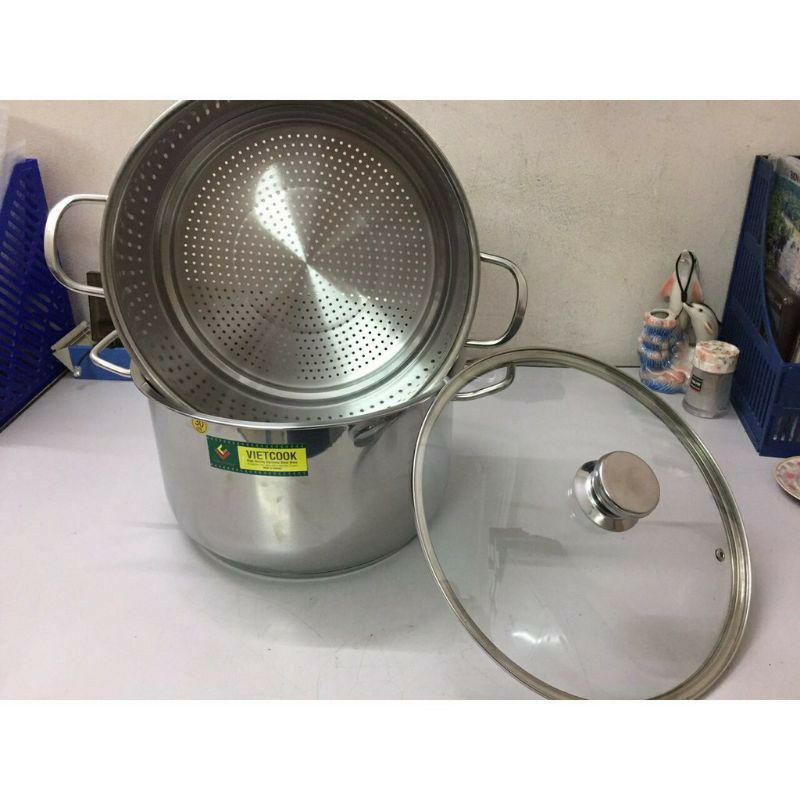 Bộ nồi xửng hấp inox  2 tầng nắp kính và nắp inox đun bếp  từ Vietcook size 24,26,28,30,32 ,Xửng chõ hấp bánh đồ xôi