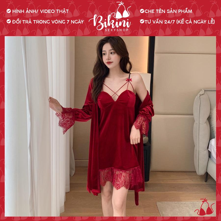 ❣️ SET CHOÀNG VÁY NGỦ NHUNG MỊN QUẢNG CHÂU CAO CẤP ĐAN DÂY NGỰC GỢI CẢM PHỐI REN FREESIZE MÀU ĐEN/ ĐỎ/ TRẮNG/ NẤU SN04