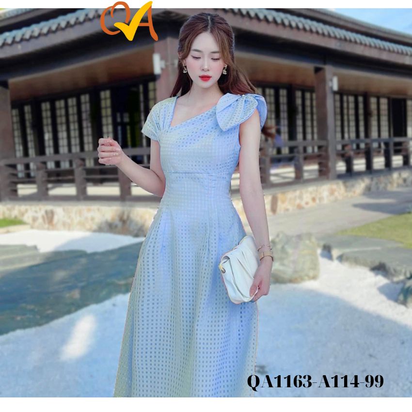 Váy nữ Quocanh dạo phố, công sở, đầm chéo vai tiểu thư xinh xắn nhiều màu sắc