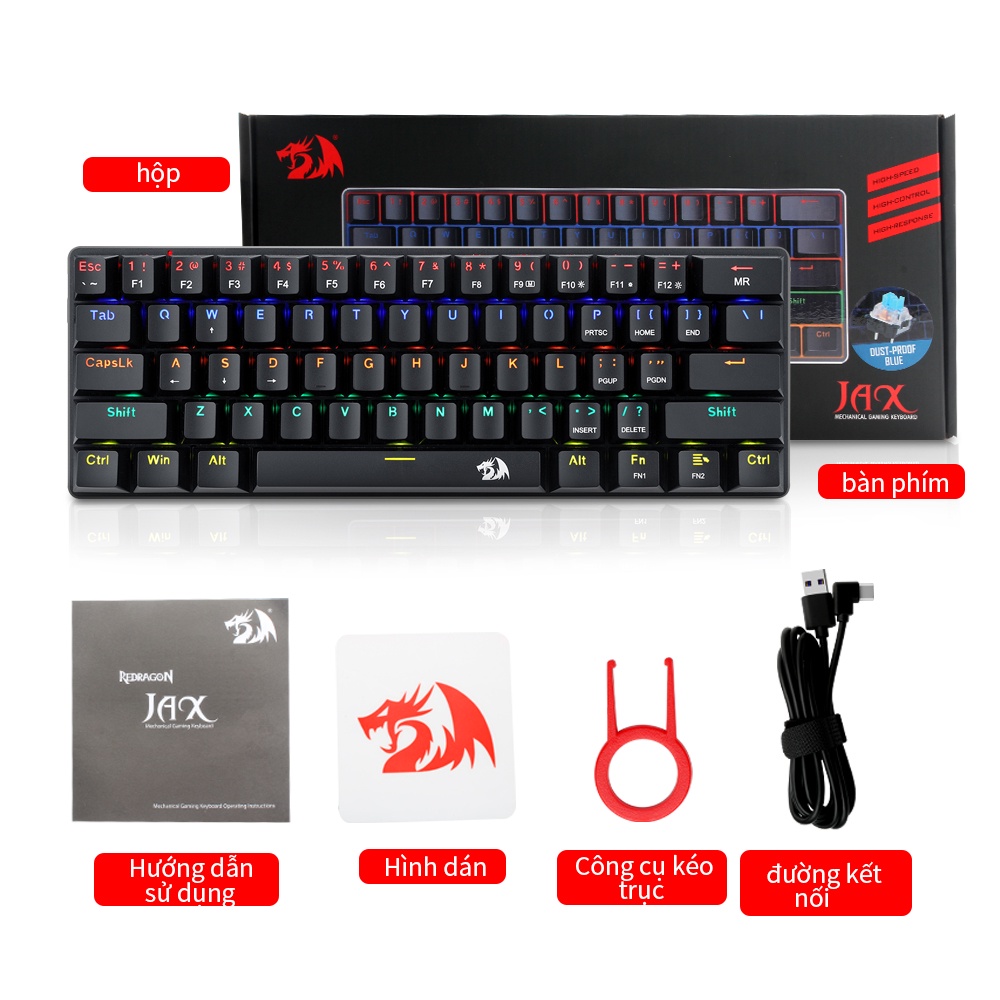 Bàn Phím Cơ Game Redragon Jax K613 Blue Switch 61 Phím Dây Cáp Tháo Rời Tiện Lợi công tắc xanh