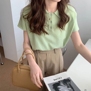 Áo Thun Dệt Kim Nữ Tay Ngắn Cổ Bẻ Phong Cách Mới 45036