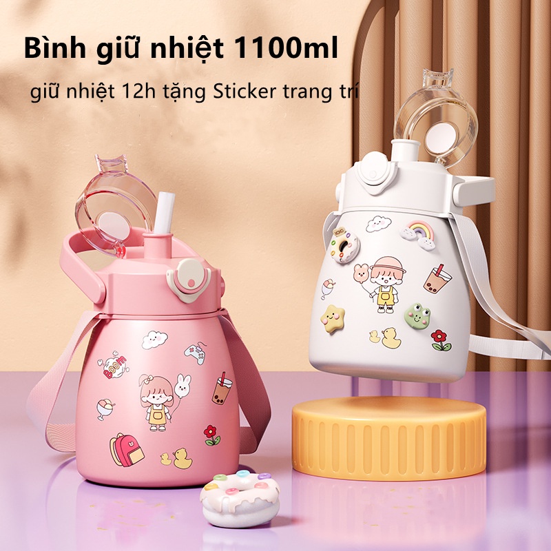 Bình giữ nhiệt Ulike 1100ml bình nước khắc tên có ống hút inox 304 giữ nhiệt 12h tặng Sticker trang trí