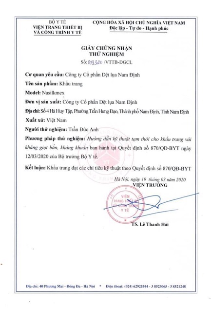 [Nasilkmex] KHẨU TRANG vải kháng khuẩn, 3 lớp vải đạt các chỉ tiêu kỹ thuật theo QĐ số 870/QĐ-BYT