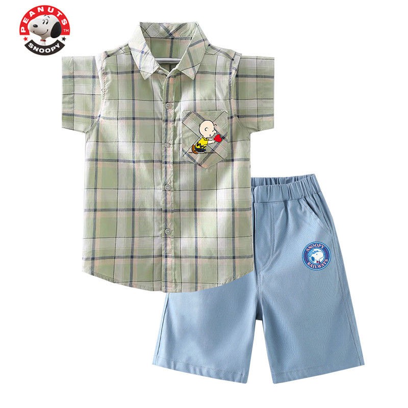 SNOOPY Snoopy Boys 2021 bộ đồ mới, bé trai cao lớn, áo sơ mi kẻ sọc đẹp trai và thời trang, bé trai hai mảnh