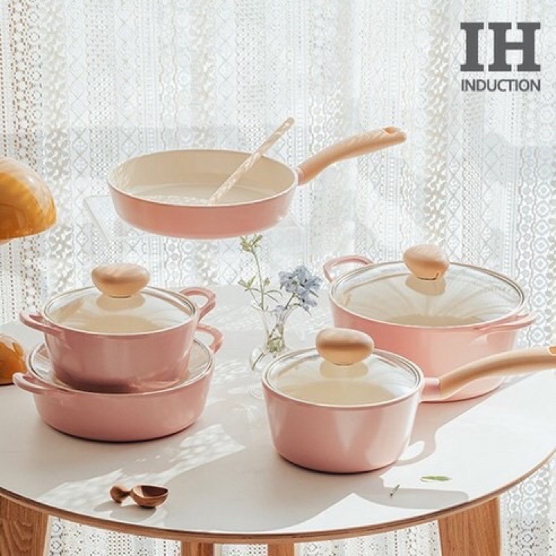 Bộ nồi 5 chiếc cảm ứng màu hồng Retro Baby Pink IH Neoflam cải tiến mới