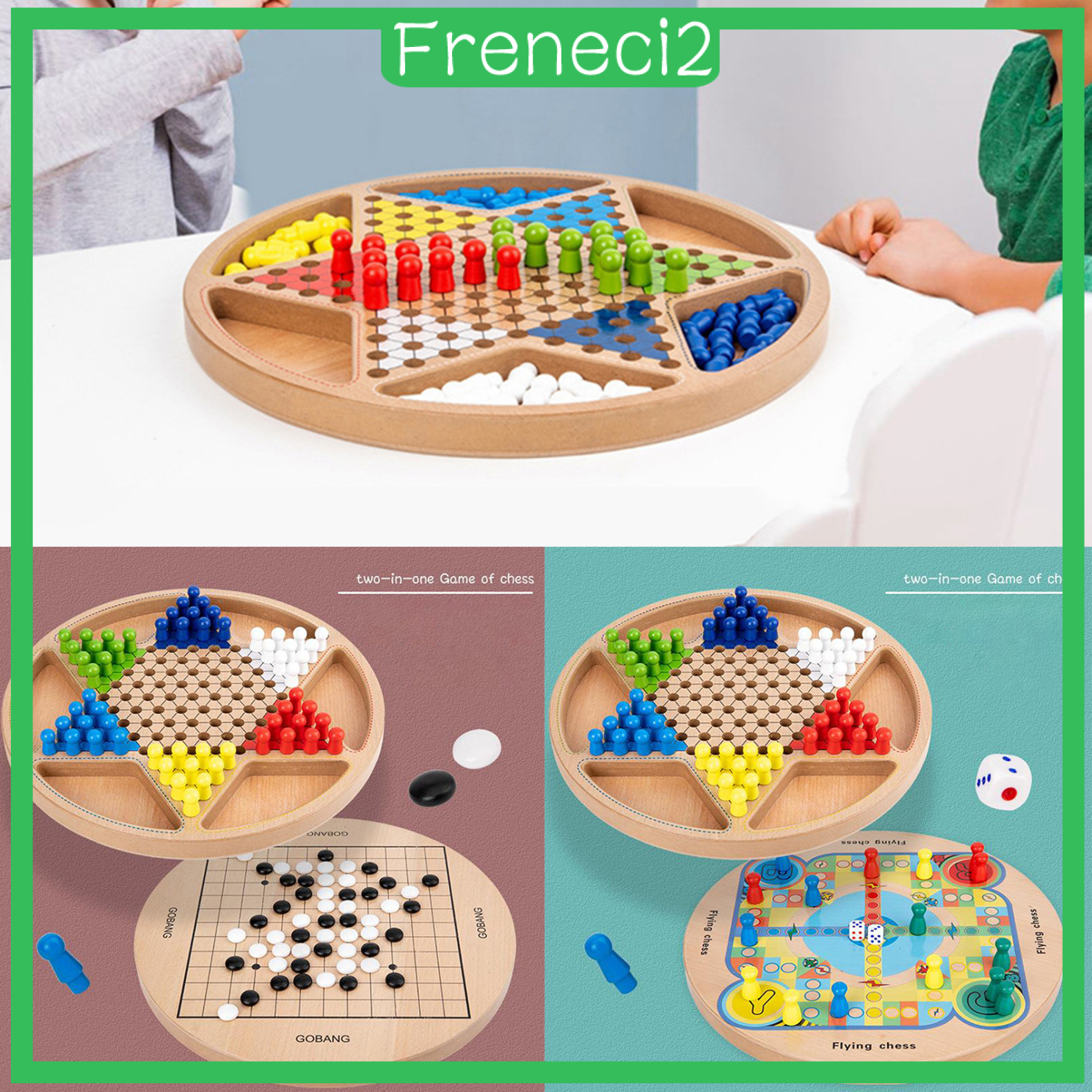 [FRENECI2]2 in 1 Wooden Chinese Checkers Board Game Set with Colorful Pegs Style1