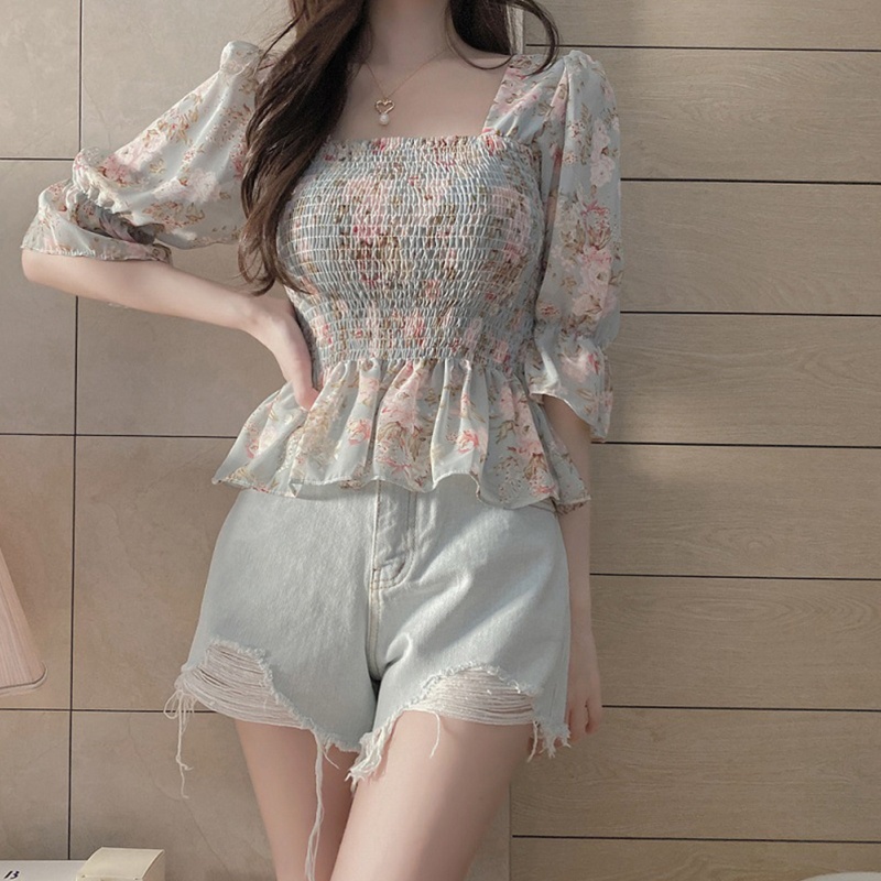 Áo Voan Hoa Tay Lửng Cổ Vuông Xinh Xắn Dành Cho Nữ