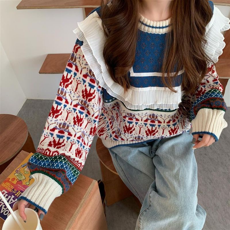 Áo Len Dệt Nữ Cổ Tròn Viền Bèo Phong Cách Retro Dễ Thương ❤️