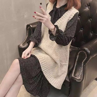 Set đầm voan dài tay + áo khoác len không tay thời trang dành cho nữ