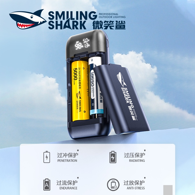 Pin Sạc 18650 21700 Lithium Có Đèn Led Hình Cá Mập