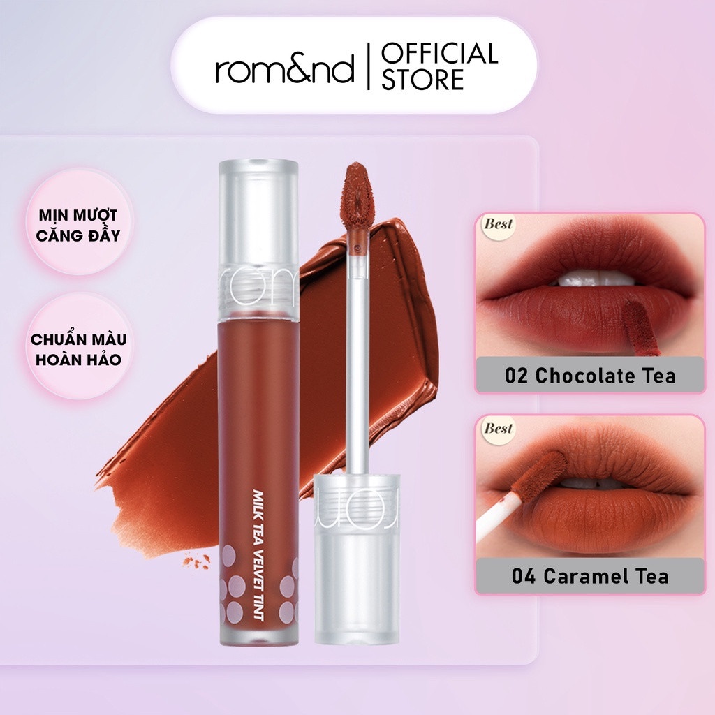 [HB GIFT] [Rom&amp;nd] [Màu 1-4] Son kem lì, mịn mượt như nhung Hàn Quốc Romand Milk Tea Velvet Tint 4.4g