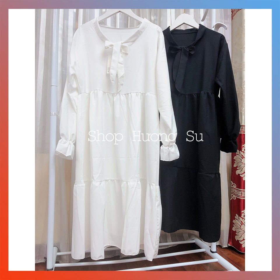 Đầm Babydoll Trắng Dáng Dài Thắt Nơ Cổ-Váy dài Babydoll Nơ Ngực-Váy Nữ Tay Bồng Dáng Suông (2 Màu)-HươngSu | BigBuy360 - bigbuy360.vn