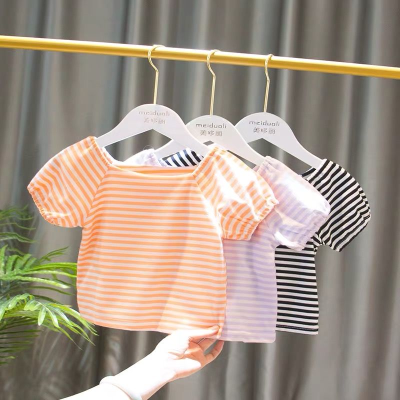 Hàng Mới Về Áo Thun Tay Ngắn Cổ Vuông Họa Tiết Sọc Ngang Dễ Thương Dành Cho Bé Gái