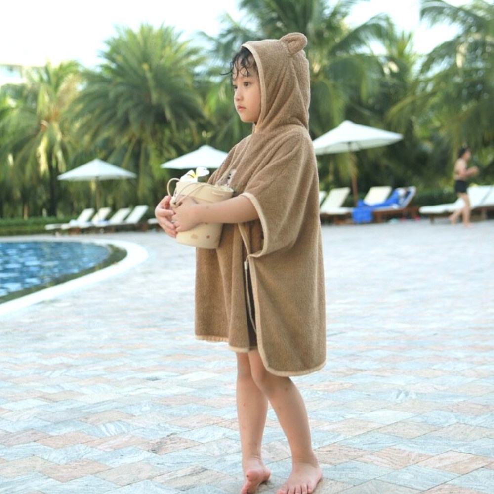 Áo choàng tắm họa tiết thêu hình Gấu Ome có mũ size 63x80cm cho bé chất bông siêu mềm mịn | Khăn choàng cho bé ra ngoài