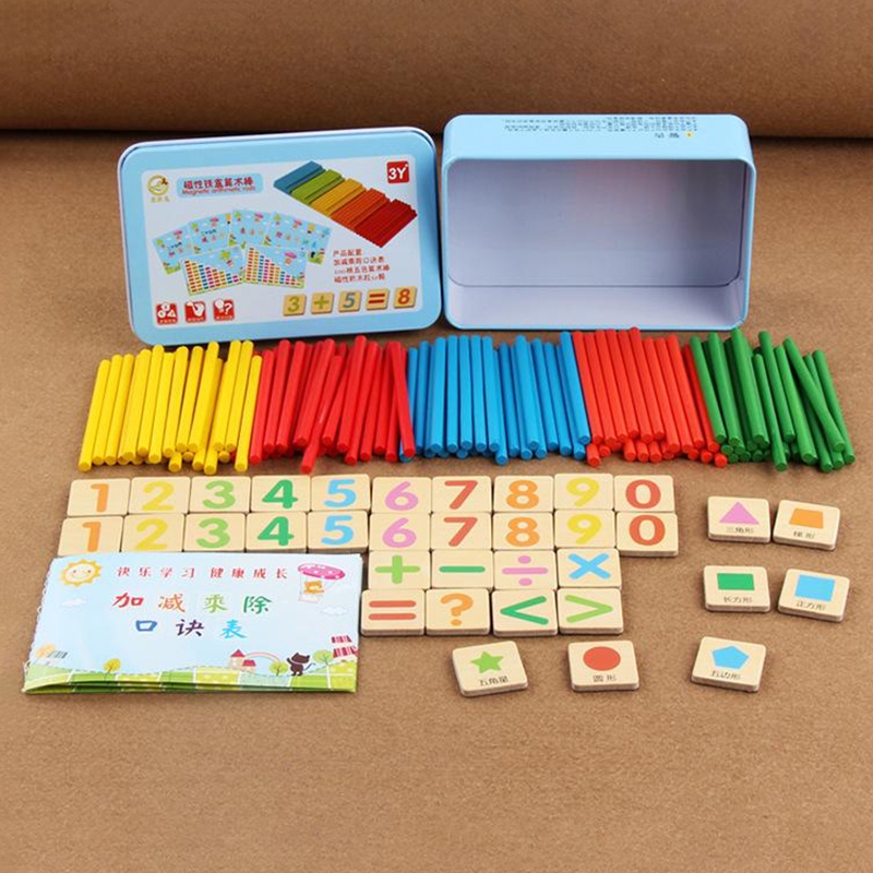 Đồ chơi giáo dục Bộ que tính gỗ thông học toán an toàn hộp sắt cho trẻ em