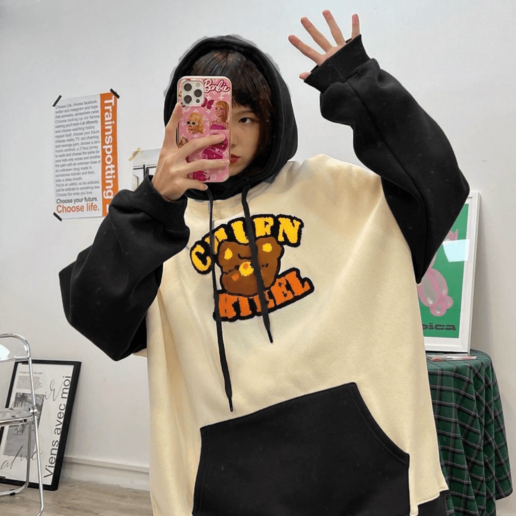 (FREE SHIP) ÁO HOODIE NỮ PHỐI HAI MÀU HỌA TIẾT  GẤU ĐI HỌC NGỘ NGHĨNH XINH LUNG LINH TK 2022