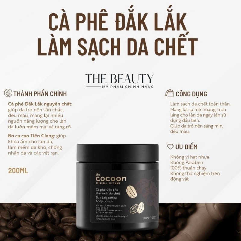 [Hàng Auth - Dùng Là Phê] Tẩy Tế Bào Chết Body CoCoon, Tẩy Da Chết Mặt CoCoon Cà Phê Đắk Lắk, giúp da đều màu, mềm mại