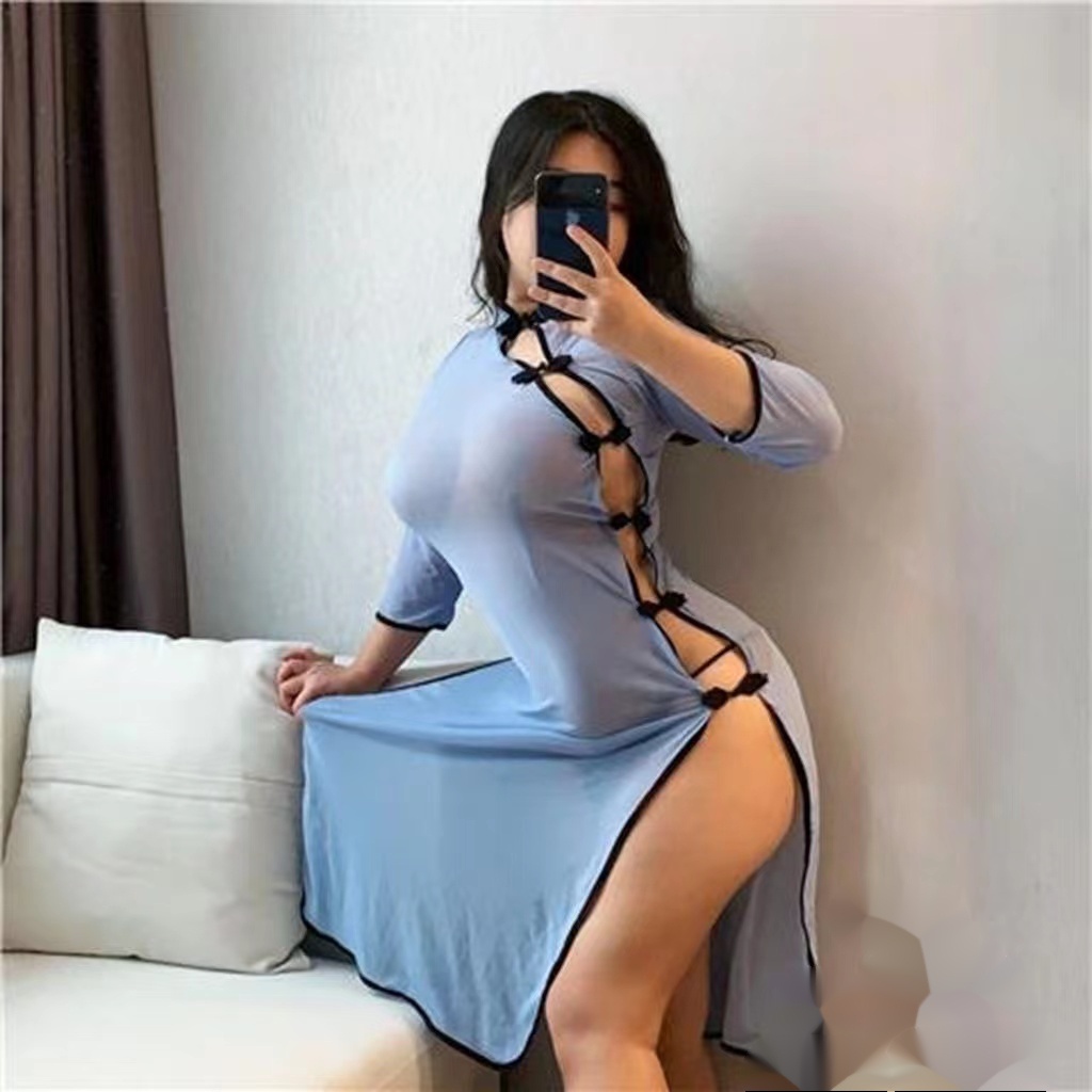 Set Bộ Đồ Ngủ sexy gợi cảm Bigsize cosplay cổ trang trung quốc Đầm sườn xám cách tân vintage xẻ tà voan xuyên thấu quyến rũ cho người mập béo nữ