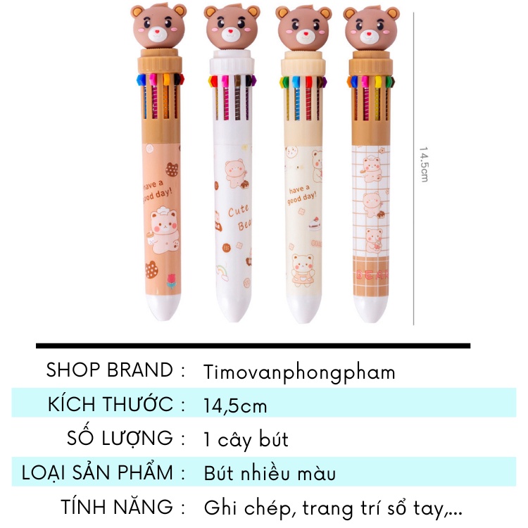 Bút Gel Bi Bấm Nhiều Màu Cute Hình Gấu Văn Phòng Phẩm Dễ Thương VPB15