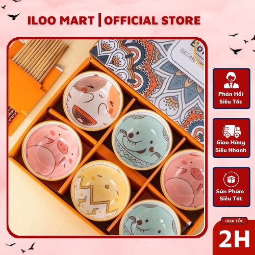 Bát ăn cơm họa tiết dễ thương cho bé tráng men cao cấp set 6 bát kèm hộp quà cực xinh