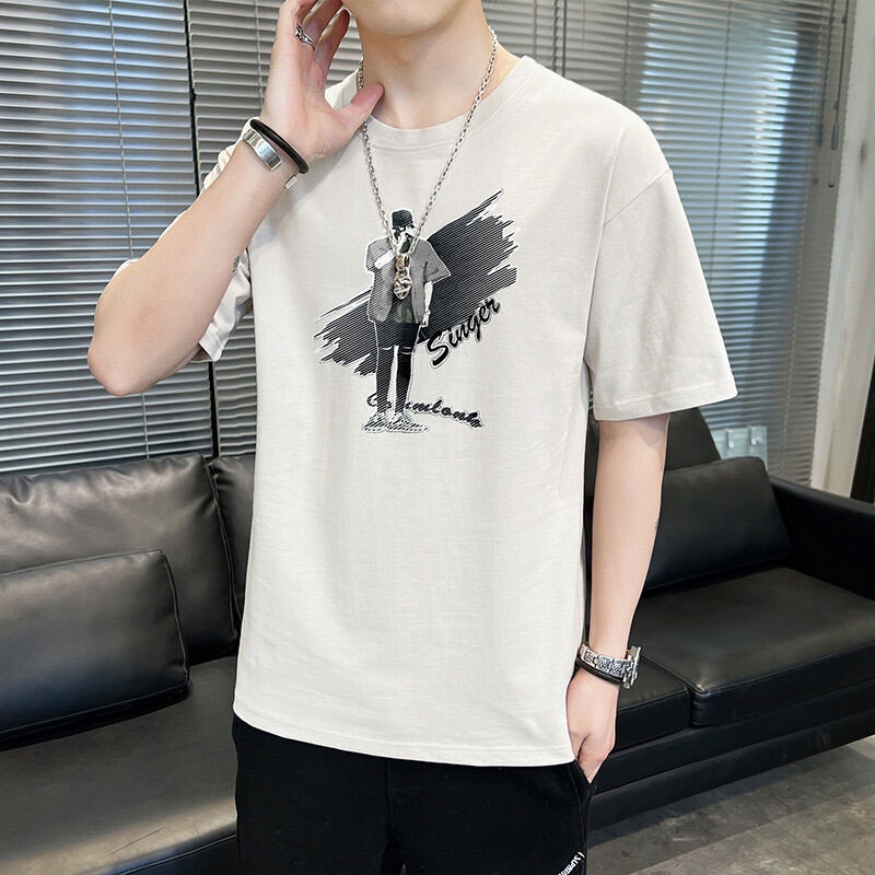 Áo Thun Cotton Tay Ngắn Cổ Tròn In Họa Tiết Trẻ Trung Phong Cách Hàn Quốc Cho Nam