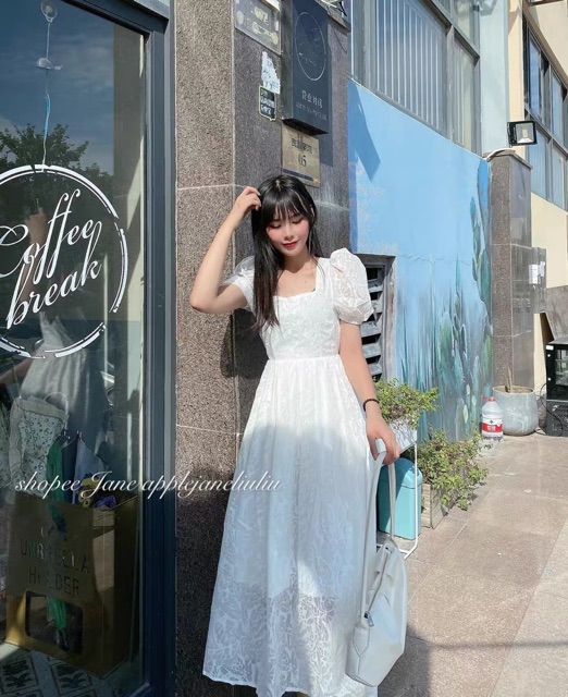 JANE’S Đầm trắng hoa văn công chúa hở eo xinh (kèm ảnh khách)J0238