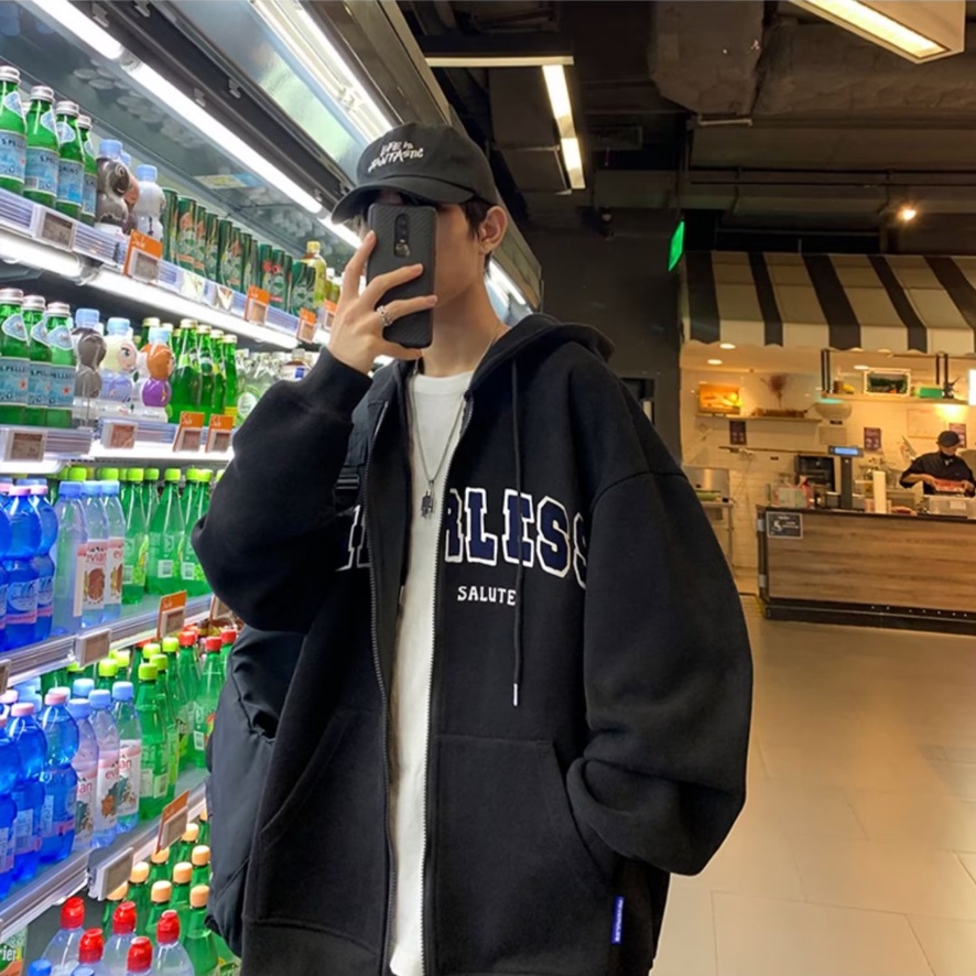 Áo Khoác Cardigan Có Mũ Trùm Dáng Rộng Phối Khóa Kéo Đơn Giản áo khoác hoodie Phong Cách Retro Hàn Quốc Thời Trang áo hoodie dây kéo Nam Nữ