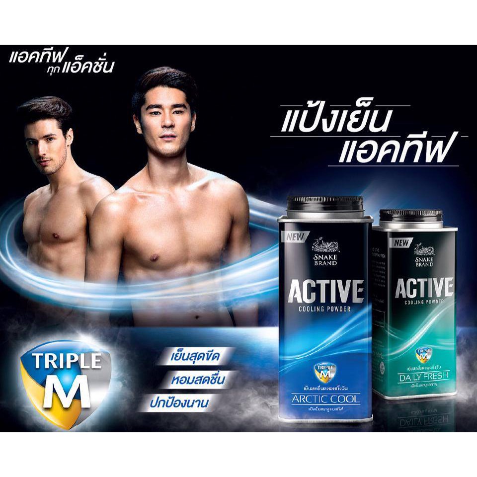 Phấn lạnh, Phấn Bột Cho Nam Snake Brand Active Arctic Cooling Power Giúp Khô Thoáng, Khử Mùi Mát Lạnh Thái Lan 140g