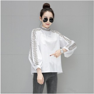 Áo Blouse nữ tay dài cổ đứng thêu hoa