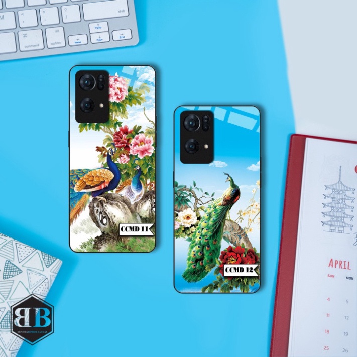 ỐP lưng kính cường lực Oppo Reno 7 Pro 5G chim công mẫu đơn
