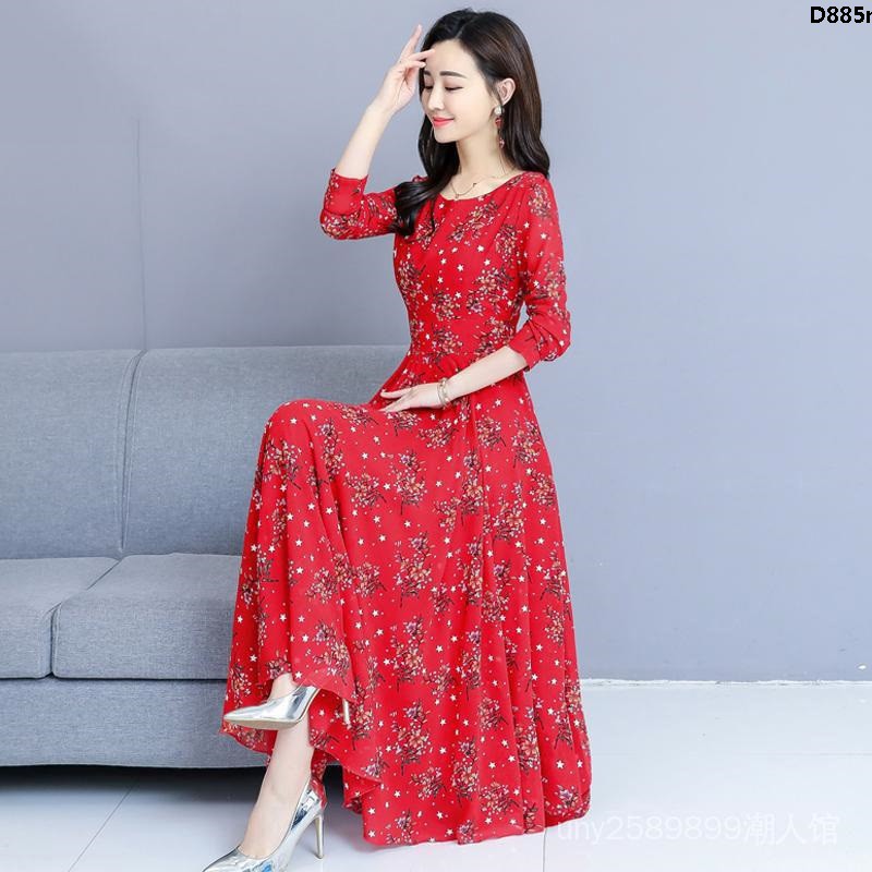 Đầm Dáng Dài In Họa Tiết Thời Trang Sang Trọng Cho Phụ Nữ Trung Niên