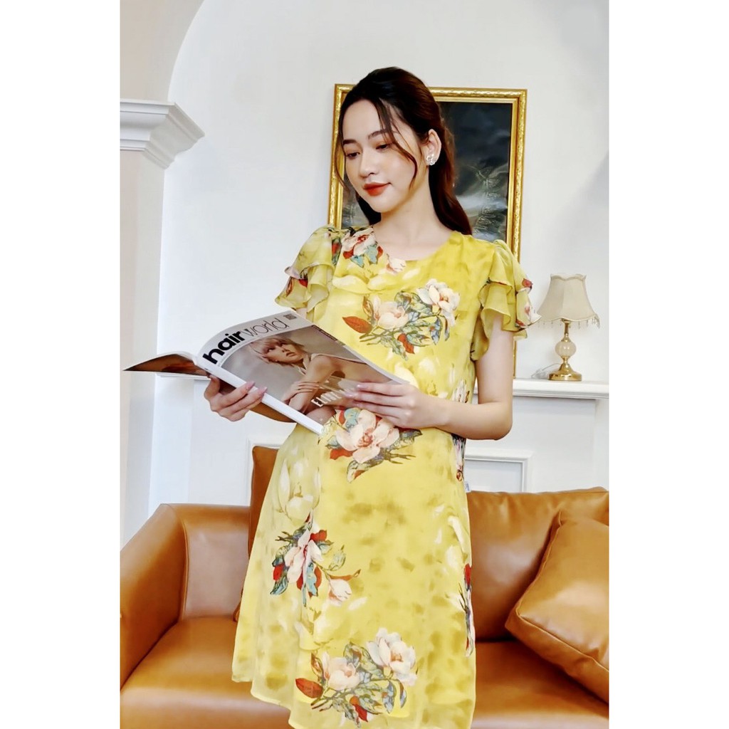 Đầm Bầu - Váy Bầu Bonna Dáng Xuông Họa Tiết Hoa Vàng Dịu Dàng Nữ Tính Size S,M (Shop mẹ Xoài)
