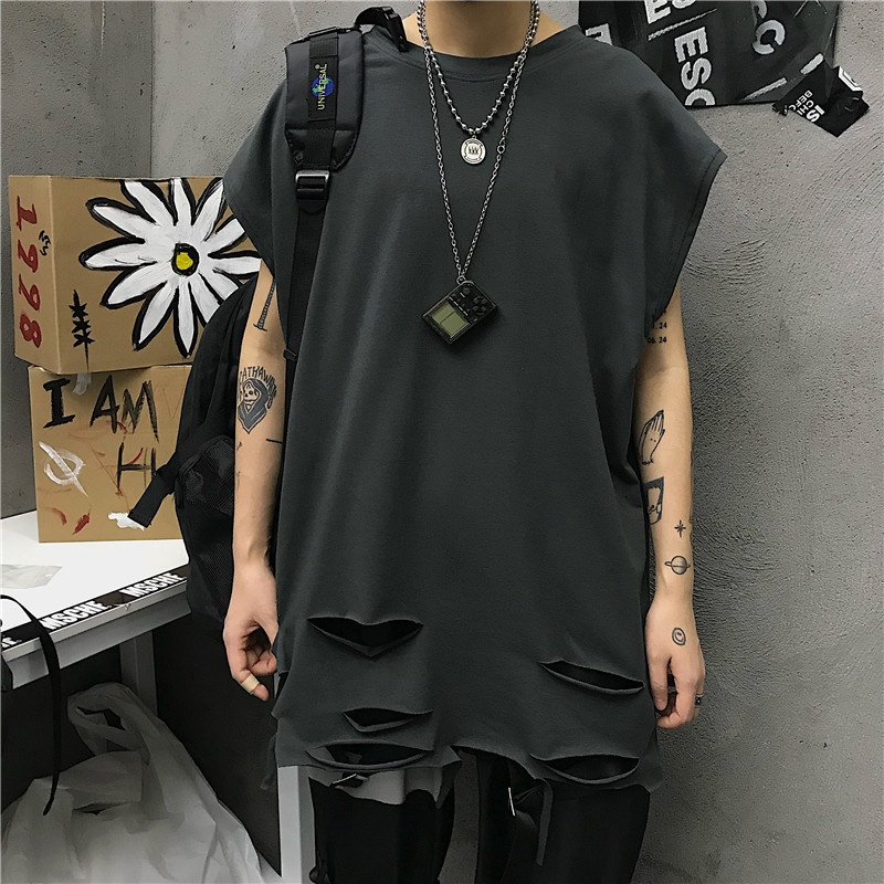 Áo Thun Sát Nách Dáng Rộng Phối Rách Kiểu Retro Hàn Quốc Thời Trang Mùa Hè Cho Cặp Đôi