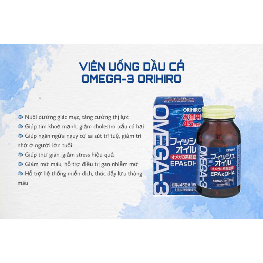 Hộp 180 viên uống dầu cá Omega 3 hỗ trợ tim mạch chính hãng Orihiro Nhật Bản
