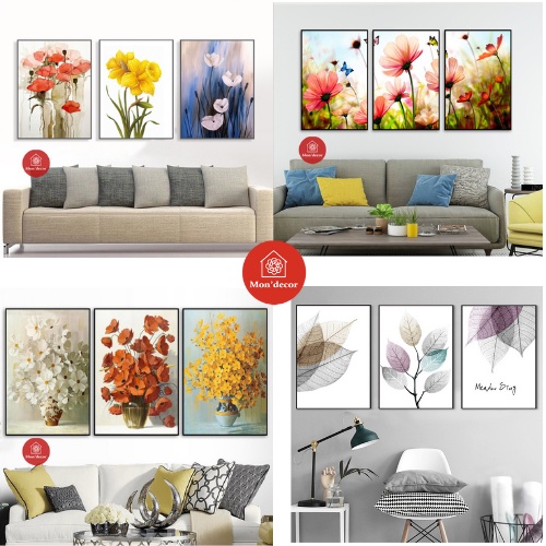 Tranh trang trí, tranh treo cầu thang trang trí phòng 3 bức Mon'decor khung nổi siêu bền tặng kèm đinh