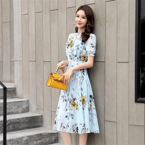 French Print Chiffon Dress bow tie tie skirt fashion short sleeve slim women's skirt