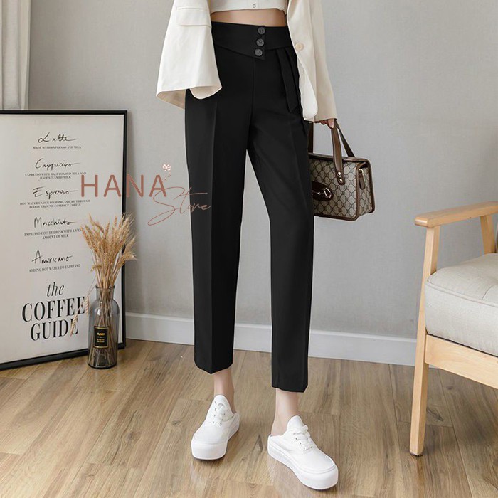 Quần baggy vải cạp cao dáng đứng ống dài phối 3 cúc 2 vạt phá cách - Màu Đen Nâu - Mặc đi làm công sở đi học hẹn hò xinh | BigBuy360 - bigbuy360.vn