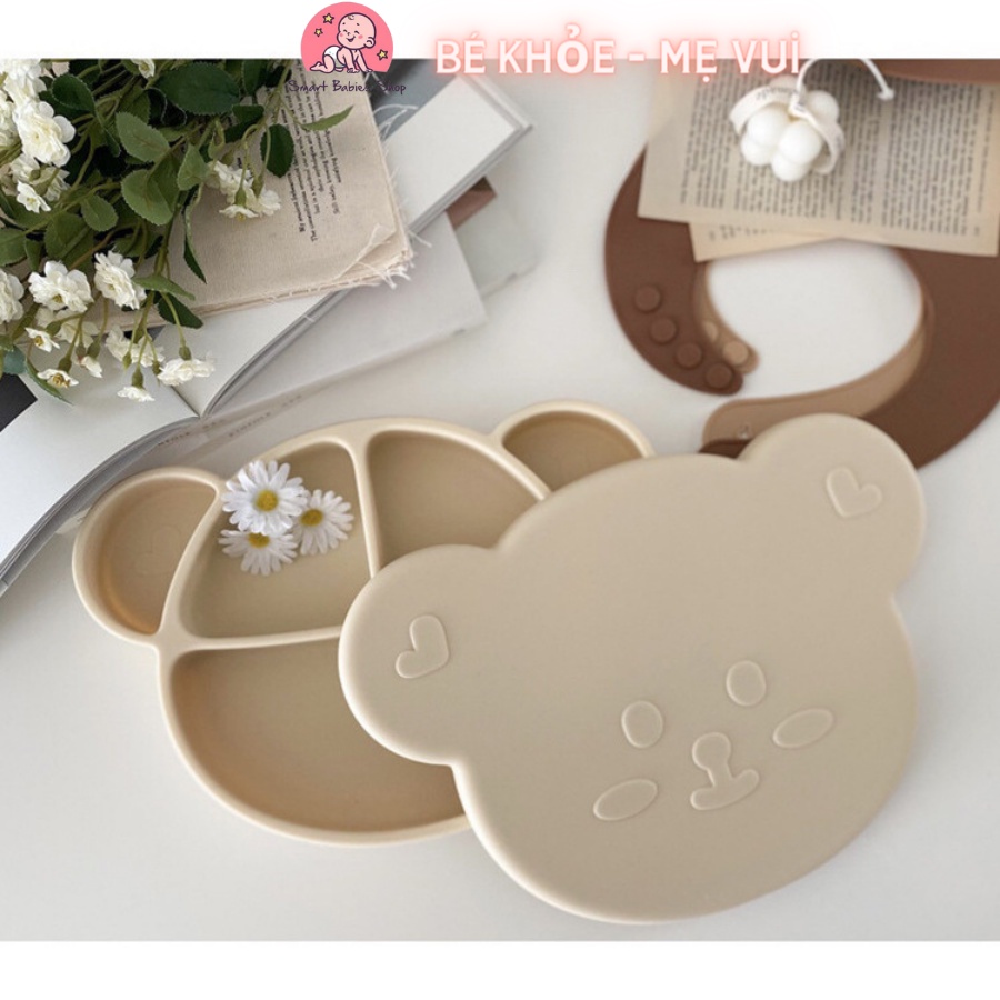 KHAY SILICON CAO CẤP PHONG CÁCH HÀN QUỐC CÓ ĐẾ HÍT CHÂN KHÔNG CHỐNG ĐỔ HÌNH GẤU BROWN CHO BÉ ĂN DẶM, BABYSI