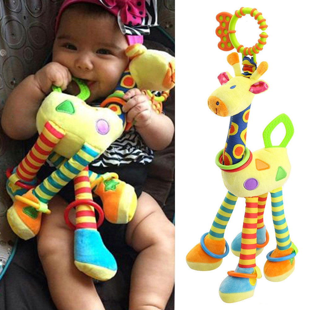 New Doll Plush Toy Infant Baby Development Soft Giraffe Animal Handbells Rattling Handle With Teething Ring