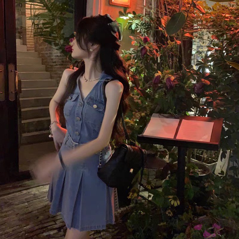 Váy Jeans nữ dáng xòe xếp ly Đầm Denim không tay JV003 Váy bò sát nách thắt eo gọn 2022 mới hót