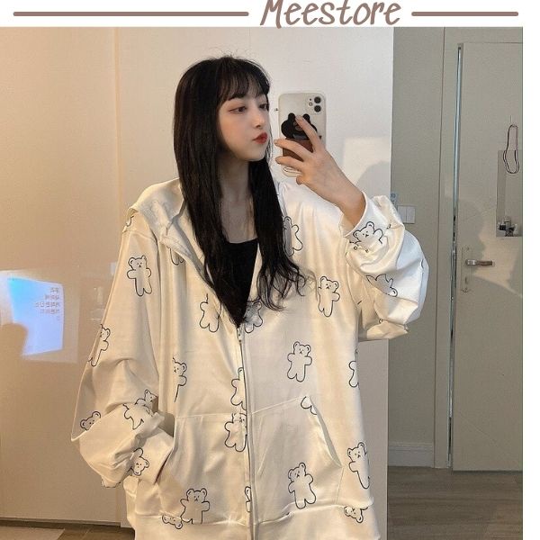 Áo khoác nỉ ngoại in hình gấu nữ Mee- Hoodie dáng rộng tay bồng Ulzzang