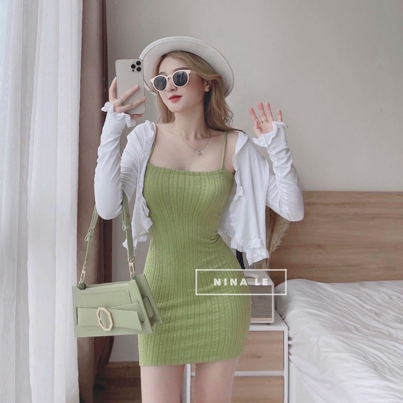 set đầm thun body xanh kèm khoác trắng bèo
