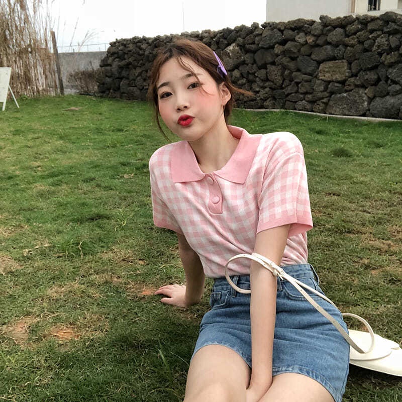 Áo polo COZOKC dệt kim tay ngắn dáng ôm kẻ sọc caro cá tính