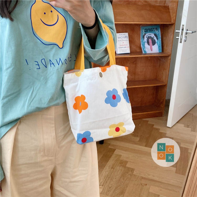 [Có Video] Túi Canvas(Tote) cầm tay mini đựng mỹ phẩm, đồ ăn trưa chất liệu cotton lót vải bố họa tiết hoa cực xinh