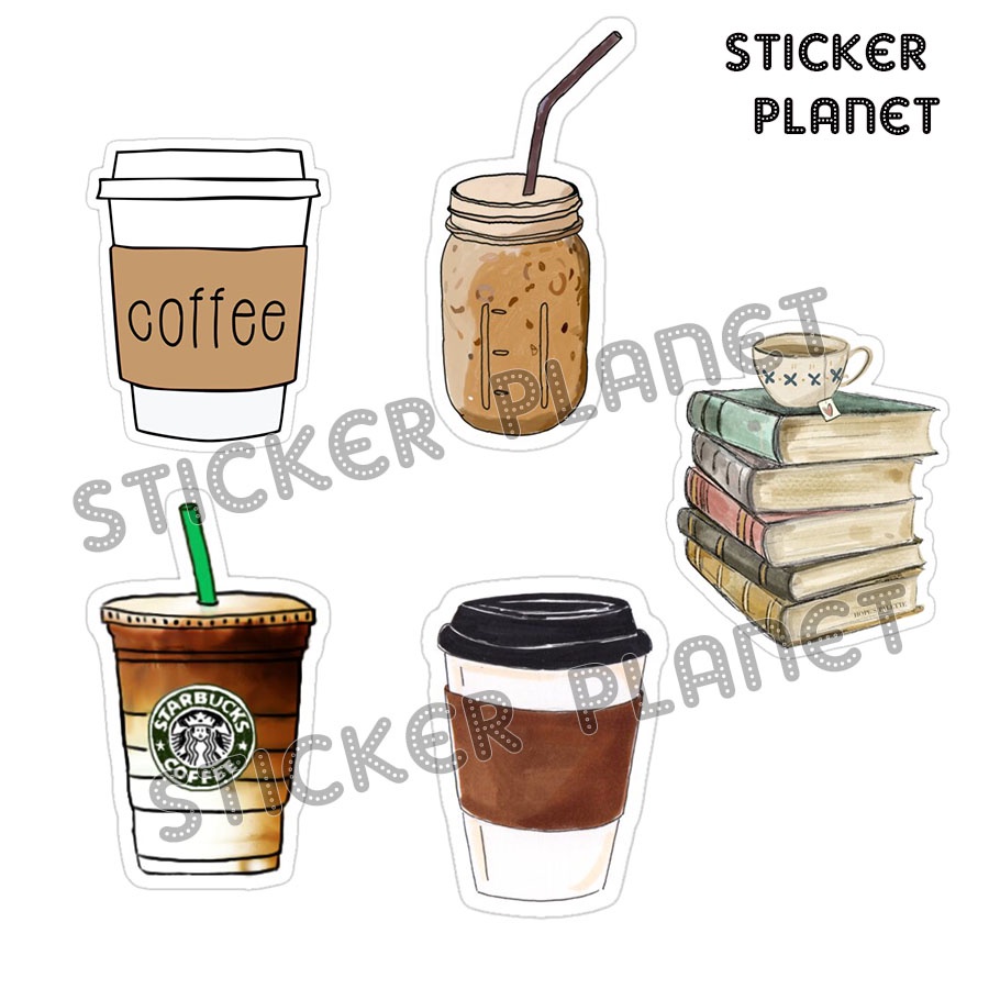 Bộ sticker chống thấm nước trang trí mũ bảo hiểm, đàn, guitar, ukulele, điện thoại laptop chủ đề coffee cafe