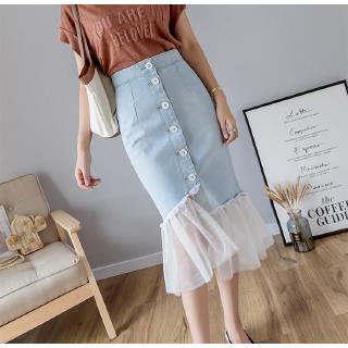 Chân Váy Denim Lưng Cao Phối Lưới Phong Cách Hàn Quốc Cho Nữ